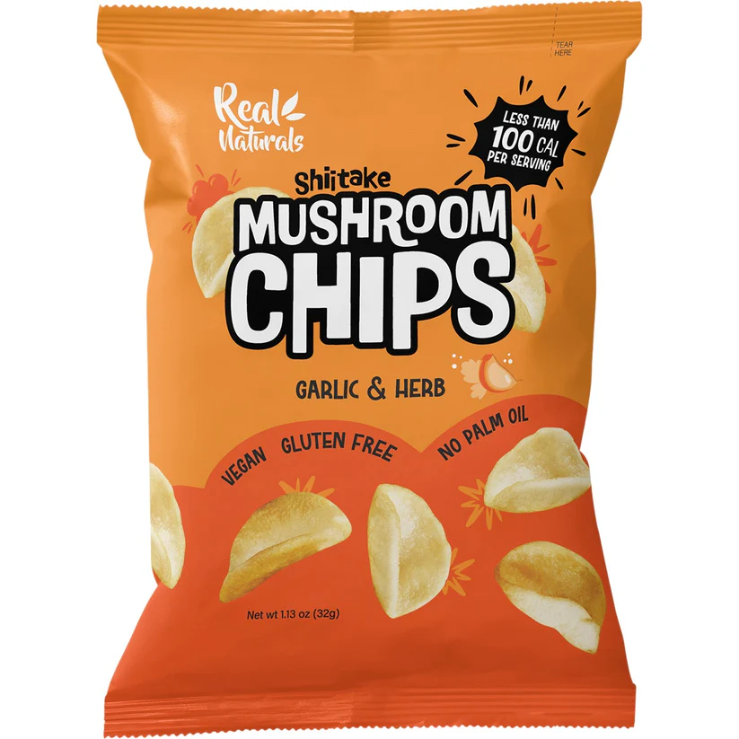 RealNaturalsShiitakeMushroomChipsGarlic_Herb Shot Real Naturals Shiitake Mushroom Chips